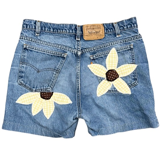 Levis Strauss Pants - Vintage 80s Levis Orange Tab Cut Off Shorts USA Made Upcycled Floral Appliqué 36